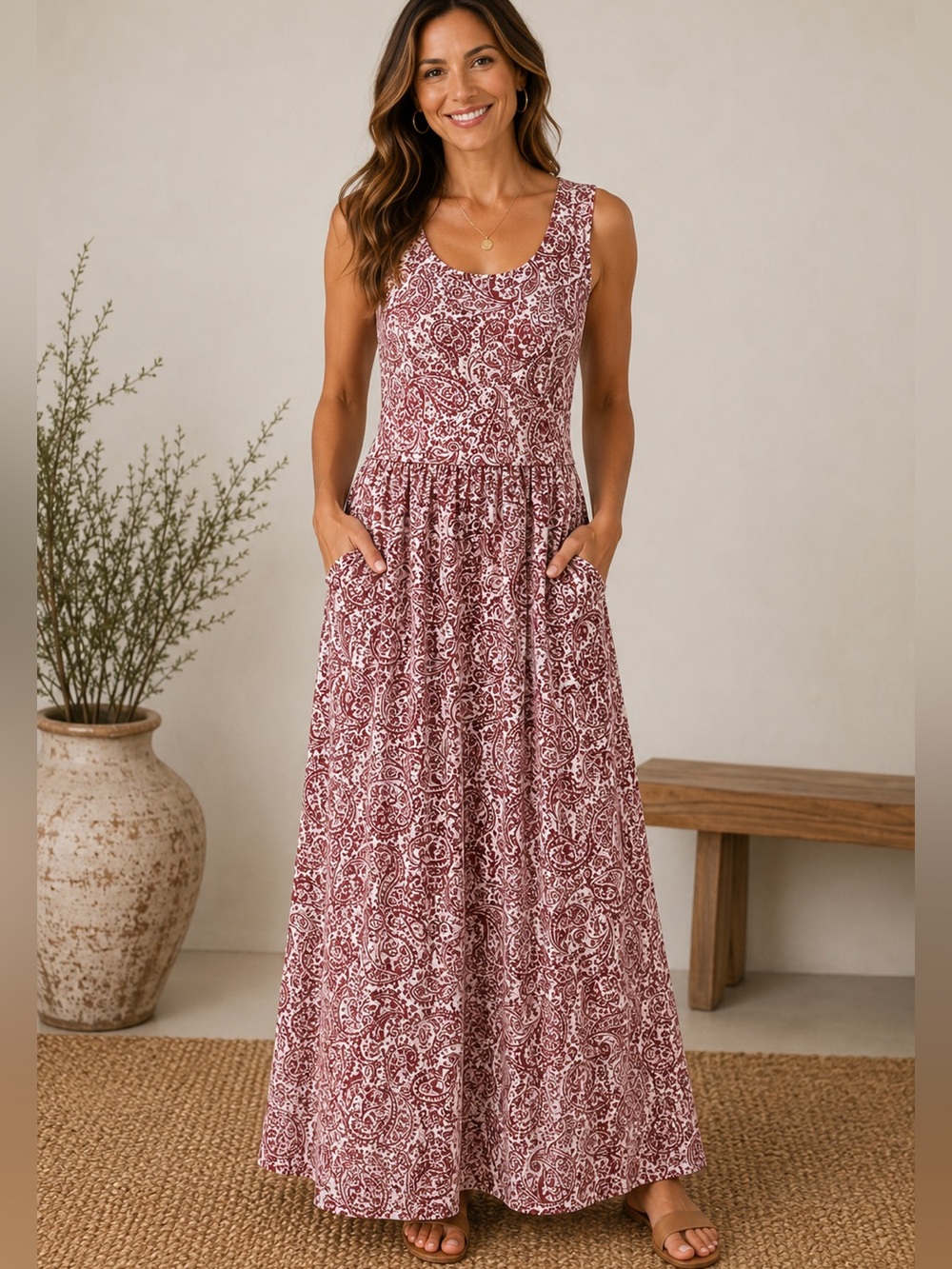 Sahalie Women’s Red & Cream Paisley Print Sleeveless Maxi Dress Size Medium